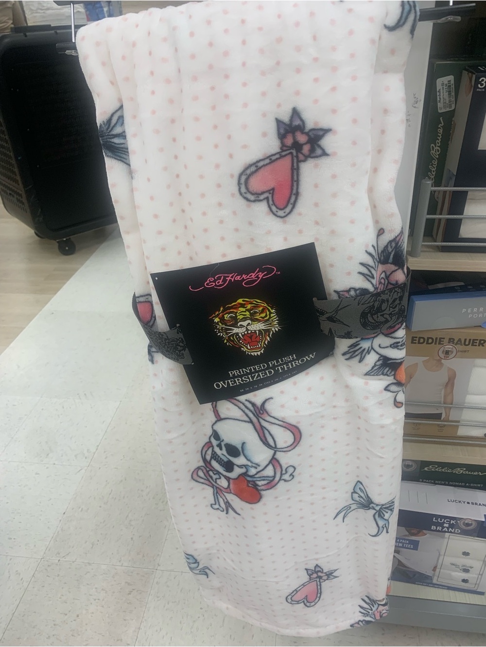 Ed Hardy Pink & White Plush Throw with Heart and Skull Motifs